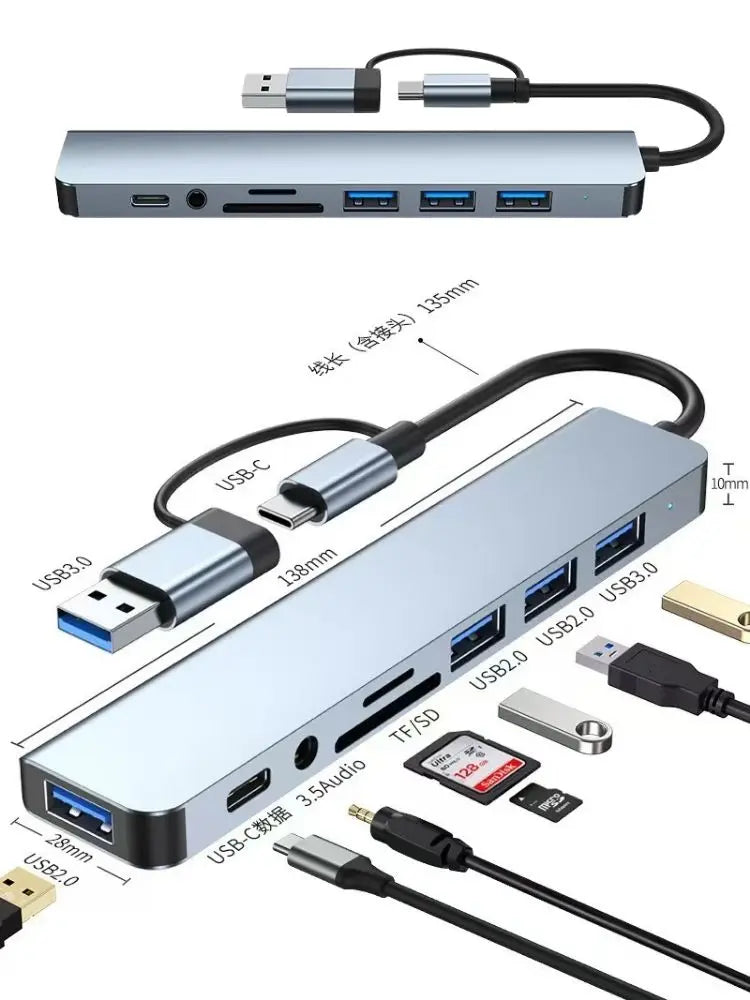 8-in-1 USB-C Hub Multiport Adapter for MAcBook & Laptop | USB 3.0, SD/TF Card Reader, Fast Charging Dock